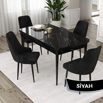 Canisa Eta Serisi 80x132 Açılabilir Mdf Siyah Mermer Desen Masa Takımı ve 4 Adet Siyah Sandalye