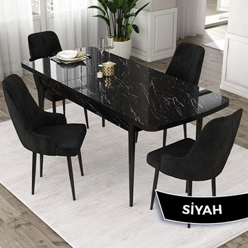 Canisa Eta Serisi 80x132 Açılabilir Mdf Siyah Mermer Desen Masa Takımı ve 4 Adet Siyah Sandalye