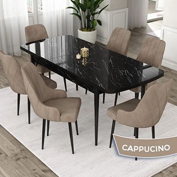 Canisa Eta Serisi 80x132 Açılabilir Mdf Siyah Mermer Desen Masa Takımı ve 6 Adet Cappucino Sandalye
