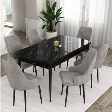 Canisa Eta Serisi 80x132 Açılabilir Mdf Siyah Mermer Desen Masa Takımı ve 6 Adet Gri Sandalye