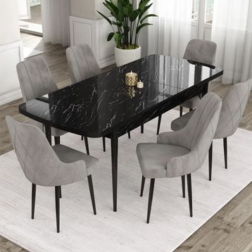 Canisa Eta Serisi 80x132 Açılabilir Mdf Siyah Mermer Desen Masa Takımı ve 6 Adet Gri Sandalye