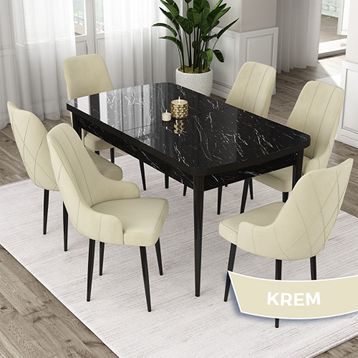 Canisa Eta Serisi 80x132 Açılabilir Mdf Siyah Mermer Desen Masa Takımı ve 6 Adet Krem Sandalye