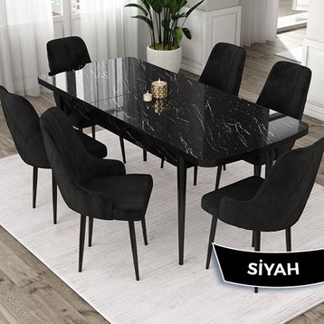 Canisa Eta Serisi 80x132 Açılabilir Mdf Siyah Mermer Desen Masa Takımı ve 6 Adet Siyah Sandalye