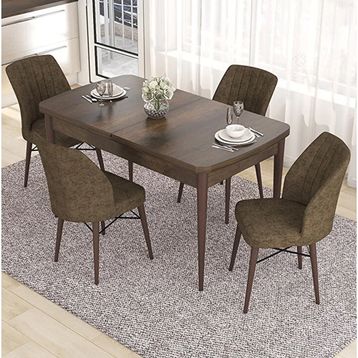 Canisa Eva Serisi 80x132 Açılabilir MDF Barok Ahşap Desen Mutfak Masası ve Kahverengi 4 Sandalye