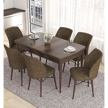 Canisa Eva Serisi 80x132 Açılabilir MDF Barok Ahşap Desen Mutfak Masası ve Kahverengi 6 Sandalye