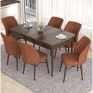 Canisa Eva Serisi 80x132 Açılabilir MDF Barok Ahşap Desen Mutfak Masası ve Kiremit 6 Sandalye