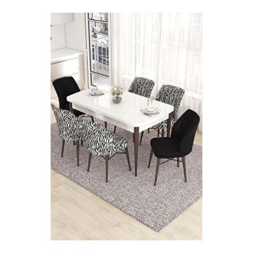 Canisa Eva Serisi 80x132 Açılabilir MDF Beyaz Ceviz Ayak Mutfak Masası ve 2 Siyah 4 Zebra Desen Sandalye