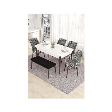 Canisa Eva Serisi 80x132 Açılabilir MDF Beyaz Ceviz Ayak Mutfak Masası ve 4 Zebra Desen Sandalye 1 Siyah Bench