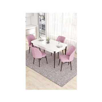 Canisa Eva Serisi 80x132 Açılabilir MDF Beyaz Ceviz Ayak Mutfak Masası ve Pembe 4 Sandalye