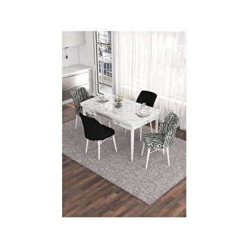 Canisa Eva Serisi 80x132 Açılabilir MDF Beyaz Mermer Desen Mutfak Masası ve 2 Siyah 2 Zebra Sandalye