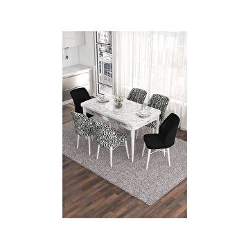 Canisa Eva Serisi 80x132 Açılabilir MDF Beyaz Mermer Desen Mutfak Masası ve 2 Siyah 4 Zebra Sandalye