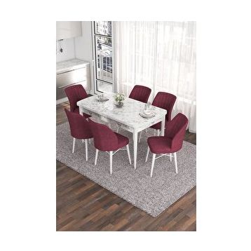 Canisa Eva Serisi 80x132 Açılabilir MDF Beyaz Mermer Desen Mutfak Masası ve Bordo 6 Sandalye