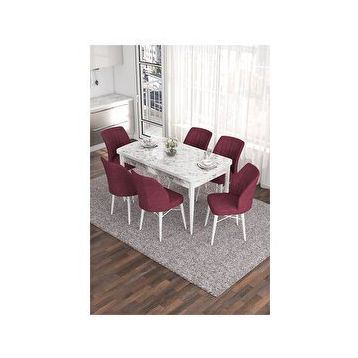 Canisa Eva Serisi 80x132 Açılabilir MDF Beyaz Mermer Desen Mutfak Masası ve Bordo 6 Sandalye