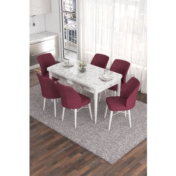 Canisa Eva Serisi 80x132 Açılabilir MDF Beyaz Mermer Desen Mutfak Masası ve Bordo 6 Sandalye