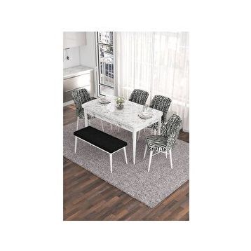 Canisa Eva Serisi 80x132 Açılabilir MDF Beyaz Mermer Desen Mutfak Masası ve Siyah 4 Sandalye 1 Zebra Desen Bench