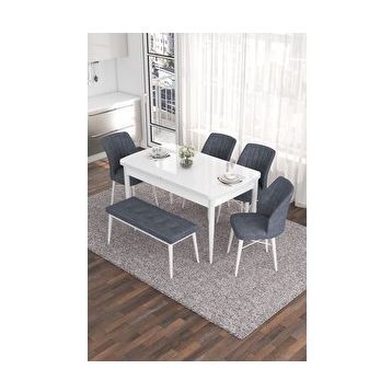 Canisa Eva Serisi 80x132 Açılabilir MDF Beyaz Mutfak Masası ve Füme 4 Sandalye 1 Bench