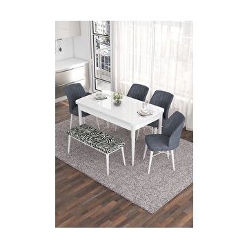 Canisa Eva Serisi 80x132 Açılabilir MDF Beyaz Mutfak Masası ve Füme 4 Sandalye 1 Bench