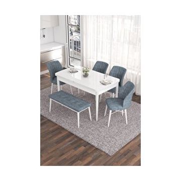 Canisa Eva Serisi 80x132 Açılabilir MDF Beyaz Mutfak Masası ve Füme 4 Sandalye 1 Bench