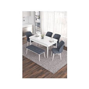 Canisa Eva Serisi 80x132 Açılabilir MDF Beyaz Mutfak Masası ve Füme 4 Sandalye 1 Bench