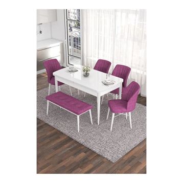 Canisa Eva Serisi 80x132 Açılabilir MDF Beyaz Mutfak Masası ve Mor 4 Sandalye 1 Bench