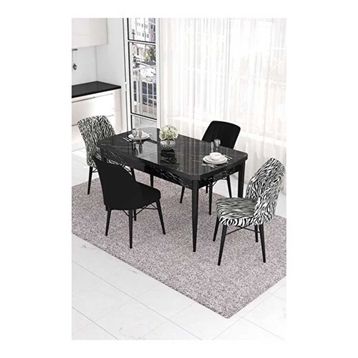 Canisa Eva Serisi 80x132 Açılabilir MDF Siyah Mermer Desen Mutfak Masası ve 2 Siyah 2 Zebra Sandalye