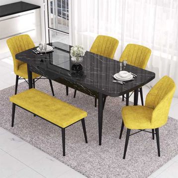 Canisa Eva Serisi 80x132 Açılabilir MDF Siyah Mermer Desen Mutfak Masası ve Hardal 4 Sandalye 1 Bench