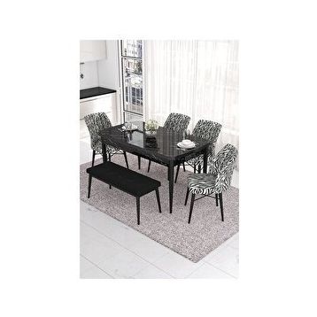 Canisa Eva Serisi 80x132 Açılabilir MDF Siyah Mermer Desen Mutfak Masası ve Siyah 4 Sandalye 1 Zebra Desen Bench