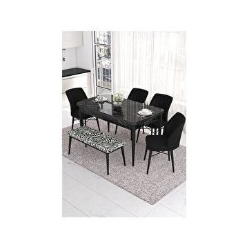 Canisa Eva Serisi 80x132 Açılabilir MDF Siyah Mermer Desen Mutfak Masası ve Siyah 4 Sandalye 1 Zebra Desen Bench