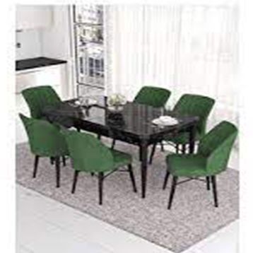 Canisa Eva Serisi 80x132 Açılabilir MDF Siyah Mermer Desen Mutfak Masası ve Su Yeşili 6 Sandalye