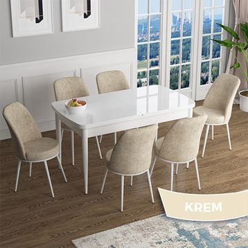 Canisa Han Serisi 70x114 Açılabilir Mdf Beyaz Masa Takımı ve 6 Adet Krem Sandalye