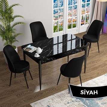 Canisa Han Serisi 70x114 Açılabilir Mdf Siyah Mermer Desen Masa Takımı ve 4 Adet Siyah Sandalye