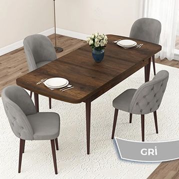 Canisa Jae Serisi 80x132 Açılabilir Barok Ahşap Desen Mutfak Masası Takımı ve 4 Adet Gri Sandalye