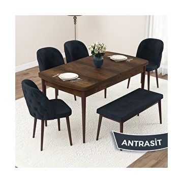 Canisa Jae Serisi 80x132 Açılabilir Barok Ahşap Desen Mutfak Masası Takımı ve 4 Antrasit Sandalye ve Antrasit 1 Bench