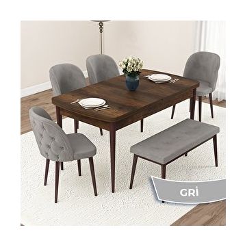Canisa Jae Serisi 80x132 Açılabilir Barok Ahşap Desen Mutfak Masası Takımı ve 4 Gri Sandalye ve Gri 1 Bench