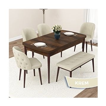 Canisa Jae Serisi 80x132 Açılabilir Barok Ahşap Desen Mutfak Masası Takımı ve 4 Krem Sandalye ve Krem 1 Bench