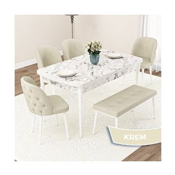 Canisa Jae Serisi 80x132 Açılabilir Beyaz Mermer Desen Mutfak Masası Takımı ve 4 Krem Sandalye ve Krem 1 Bench