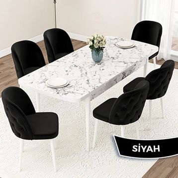 Canisa Jae Serisi 80x132 Açılabilir Beyaz Mermer Desen Mutfak Masası Takımı ve 6 Adet Siyah Sandalye
