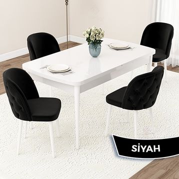 Canisa Jae Serisi 80x132 Açılabilir Beyaz Mutfak Masası Takımı ve 4 Adet Siyah Sandalye