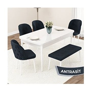 Canisa Jae Serisi 80x132 Açılabilir Beyaz Mutfak Masası Takımı ve 4 Antrasit Sandalye ve Antrasit 1 Bench