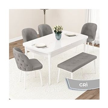 Canisa Jae Serisi 80x132 Açılabilir Beyaz Mutfak Masası Takımı ve 4 Gri Sandalye ve Gri 1 Bench