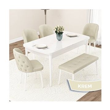 Canisa Jae Serisi 80x132 Açılabilir Beyaz Mutfak Masası Takımı ve 4 Krem Sandalye ve Krem 1 Bench