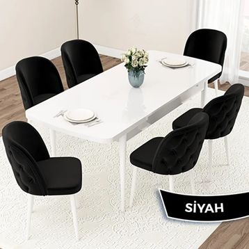 Canisa Jae Serisi 80x132 Açılabilir Beyaz Mutfak Masası Takımı ve 6 Adet Siyah Sandalye