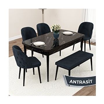 Canisa Jae Serisi 80x132 Açılabilir Siyah Mermer Desen Mutfak Masası Takımı ve 4 Antrasit Sandalye ve Antrasit 1 Bench