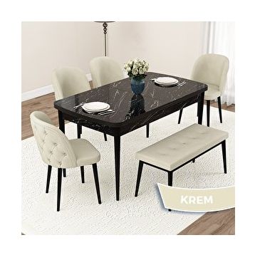 Canisa Jae Serisi 80x132 Açılabilir Siyah Mermer Desen Mutfak Masası Takımı ve 4 Krem Sandalye ve Krem 1 Bench