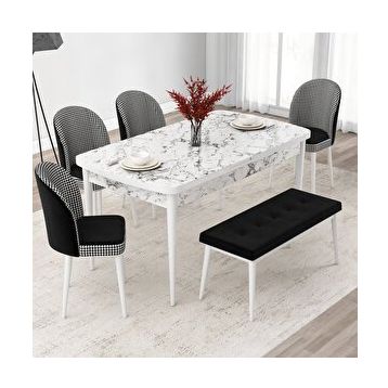 Canisa Jul Serisi 80x132 Açılabilir Beyaz Mermer Desen Mutfak Masası Takımı ve 4 Kazayağı Desen Sandalye ve 1 Bench