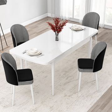 Canisa Jul Serisi 80x132 Açılabilir Beyaz Mutfak Masası Takımı ve 4 Adet Kazayağı Desen Sandalye