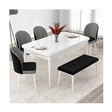 Canisa Jul Serisi 80x132 Açılabilir Beyaz Mutfak Masası Takımı ve 4 Kazayağı Desen Sandalye ve 1 Bench