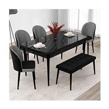 Canisa Jul Serisi 80x132 Açılabilir Siyah Mermer Desen Mutfak Masası Takımı ve 4 Kazayağı Desen Sandalye ve 1 Bench