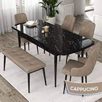 Canisa Kar Serisi 80x132 Açılabilir Mdf Barok Ahşap Desen 4 Cappucino Sandalye ve 1 Bench Cappucino Masa Takımı