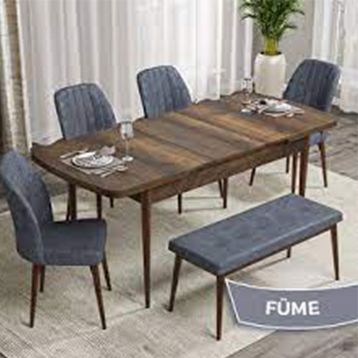 Canisa Kar Serisi 80x132 Açılabilir Mdf Barok Ahşap Desen 4 Gri Sandalye ve 1 Bench Gri Masa Takımı